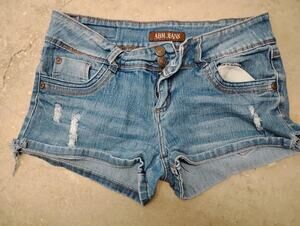 Size 9 Junior's Abm Jean Blue Denim Distressed Low Rise Chino Short Shorts